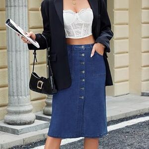 Women's Stretch High Waist Button Down Front Slit Midi Denim Skirt Size 4 NWOT